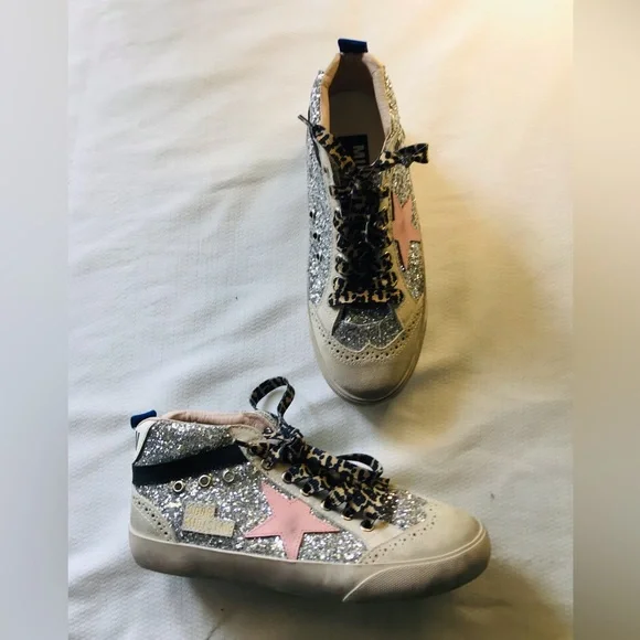 Golden goose mid star Silver Glitter High-Top Sneakers with Pink Star - Picture 2 of 16